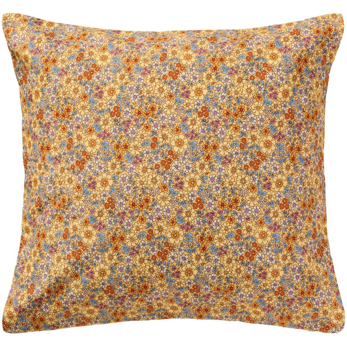 Putetrekk 60x60 -  Gult m/ gule, blå, oransje og lilla blomster