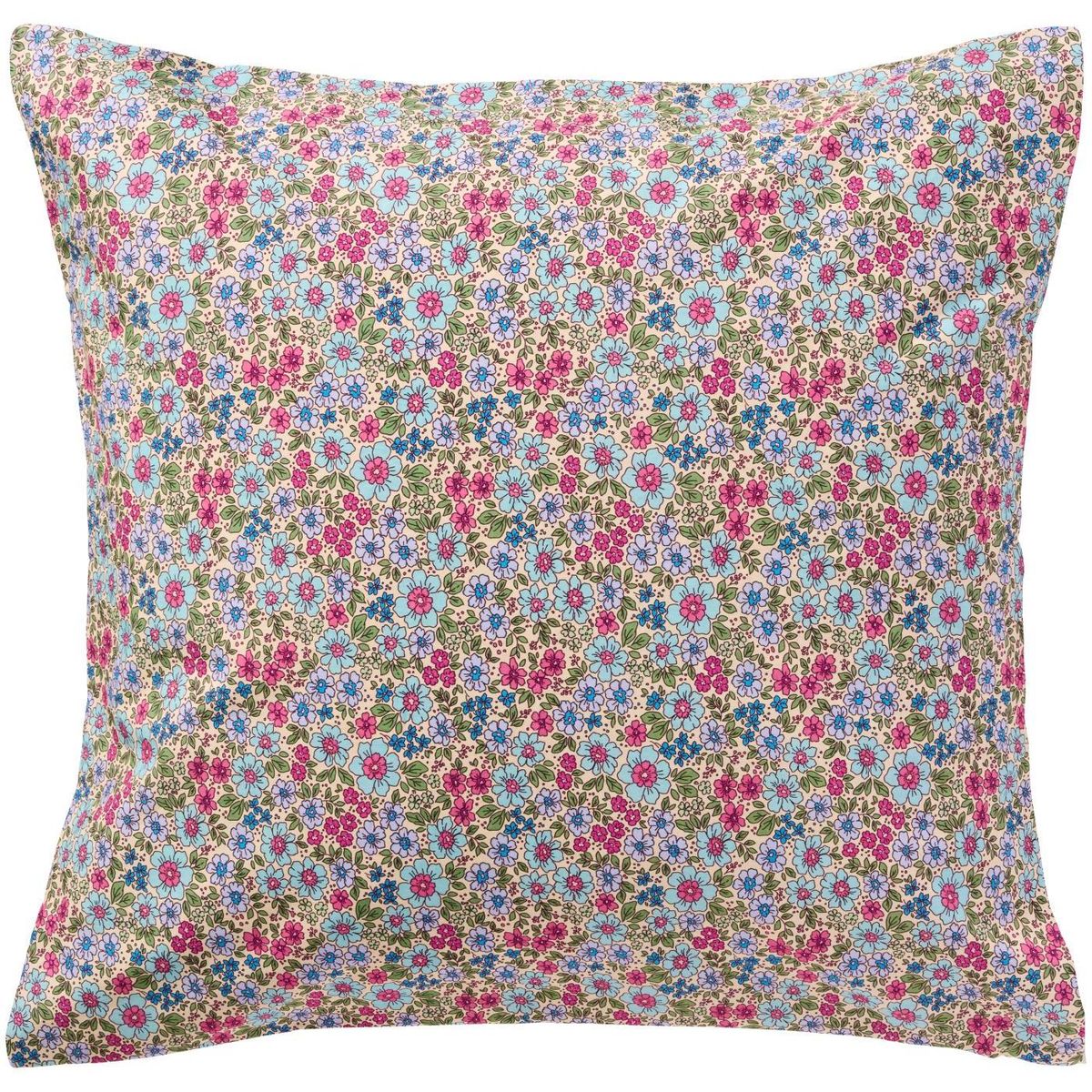 Putetrekk 60x60 -  Kremfarget m/ turkis, blå, fuchsia og lilla blomster